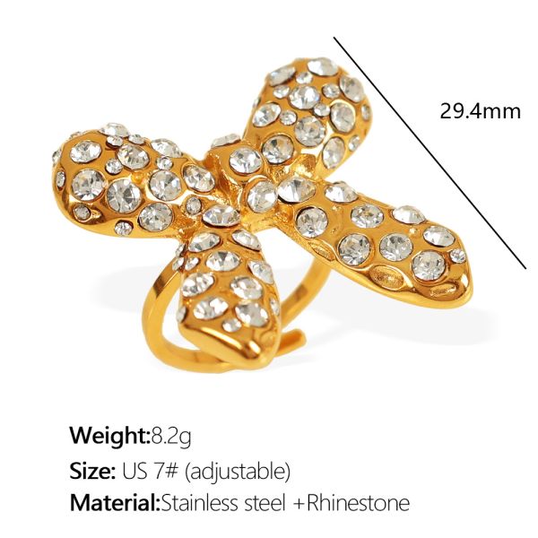 1 pair simple series retro bow knot stainless steel 18k gold color plated rhinestone women's adjustable rings